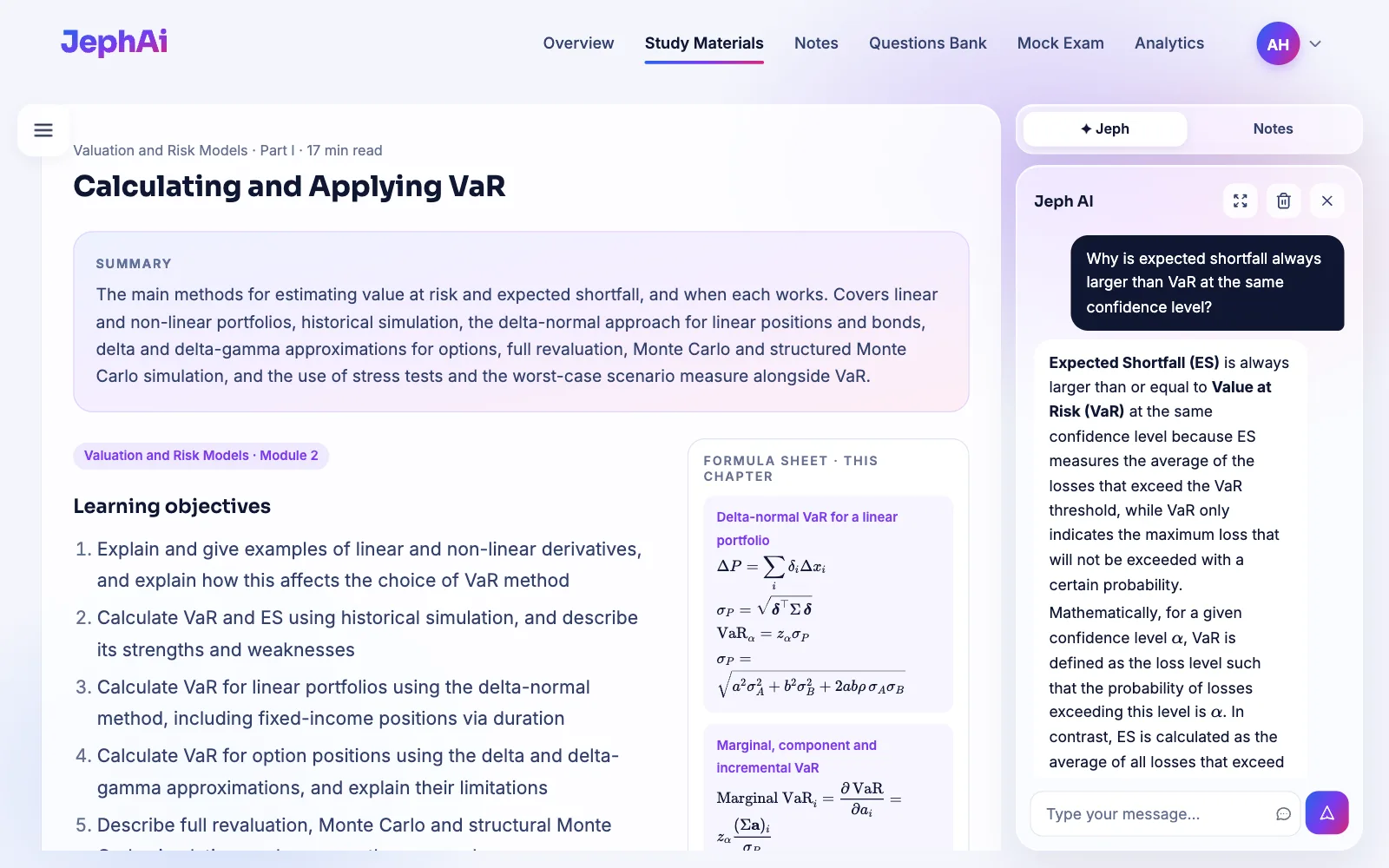 JephAi on a computer: the FRM Part I chapter Calculating and Applying VaR, with its formula sheet beside the text and Jeph, the AI tutor, explaining why expected shortfall is larger than VaR