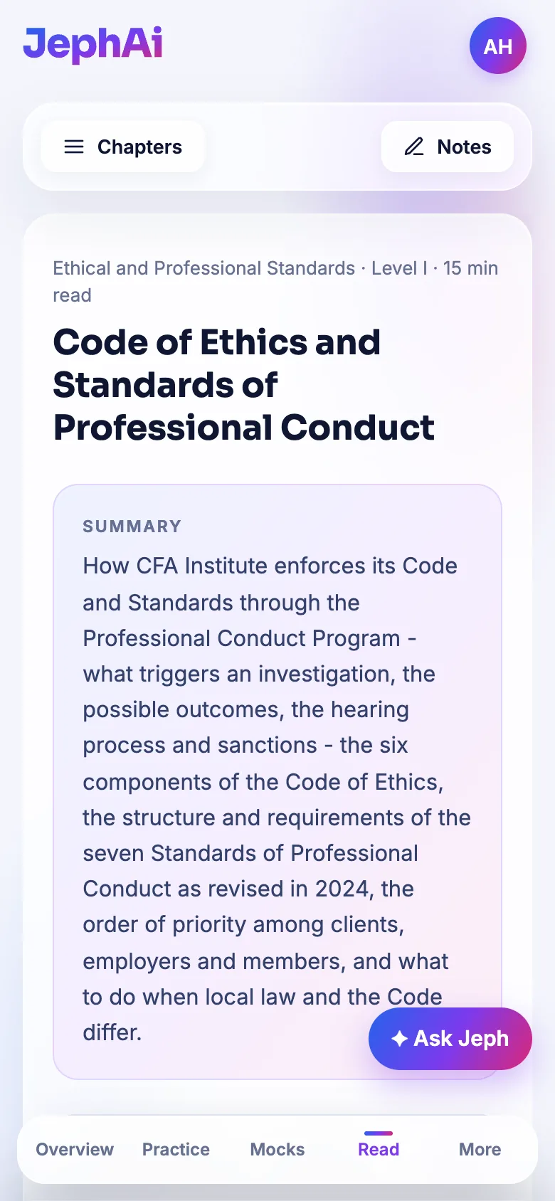 JephAi on a phone: the CFA Level I chapter Code of Ethics and Standards of Professional Conduct, with its summary